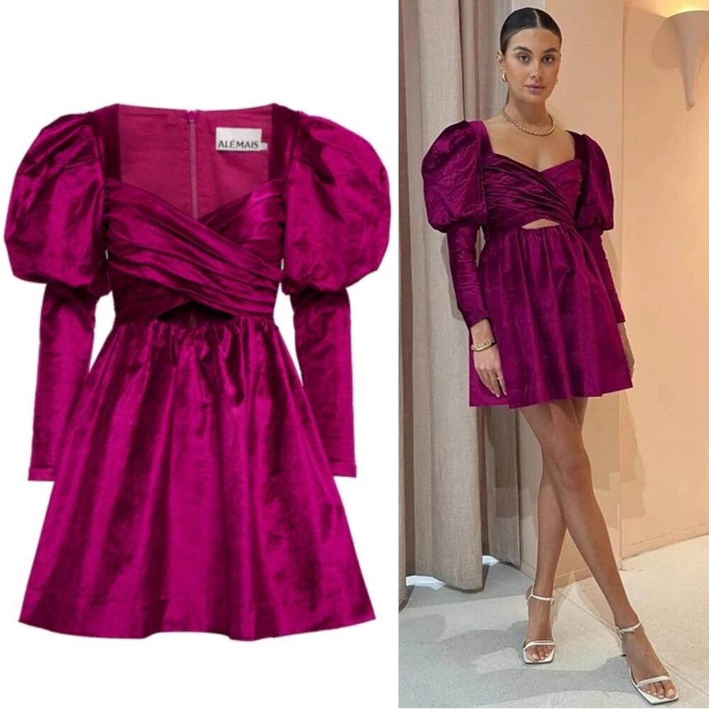 Alemais Rosario Long Puff Sleeve Cut Out Mini Dress Size 4 Fuchsia